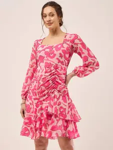 Antheaa Floral Print Puff Sleeve Chiffon Drop-Waist Dress
