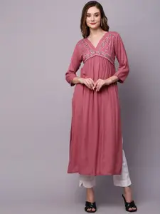 INDYES Ethnic Motifs Yoke Design Sleeves Mirror Work Straight Kurta