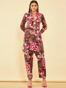 Soch Floral Printed Tie Up Neck Top & Flared Trouser
