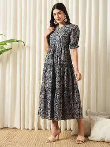 KALINI Floral Printed Mandarin Collar Puff Sleeves Cotton Fit and Flare Dress