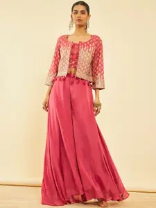 Soch Embroidered Round Neck Top & Flared Trouser With Jacket