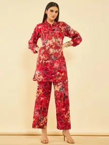 Soch Floral Printed Shirt Collar Neck Top & Flared Trouser