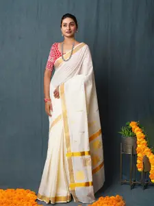 Unnati Silks Woven Design Zari Pure Cotton Kasavu Saree
