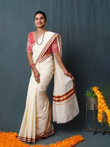Unnati Silks Woven Design Zari Handloom Pure Cotton Kasavu Saree