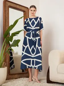 Berrylush Navy Blue Geometric Printed A-Line Midi Dress