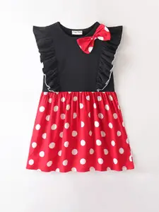 CrayonFlakes Girls Polka Dot Print Flutter Sleeve Bow Detailed Cotton Fit & Flare Dress