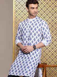 House of Pataudi Men Floral Printed Jashn Pure Cotton Kurta with Trousers