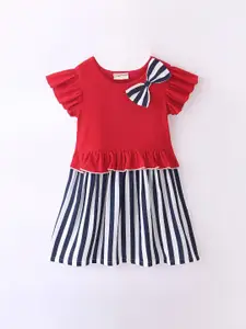 CrayonFlakes Girls Striped Flutter Sleeve Bow Detailed Cotton Fit & Flare Dress