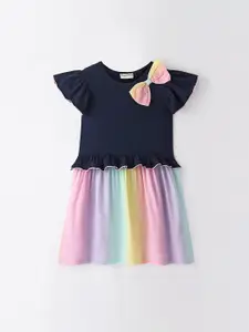 CrayonFlakes Girls Tie and Dye Printed Flared Sleeve Bow Detailed Cotton Fit & Flare Dress