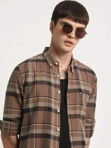 THE BEAR HOUSE Slim Fit Tartan Checked Button-Down Collar Flannel Weave Casual Shirt