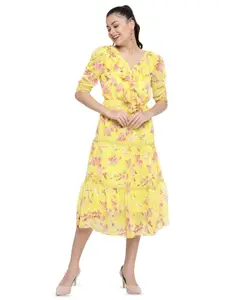 BAESD Floral Printed Puff Sleeves Ruffles Tiered Georgette Fit & Flare Midi Dress