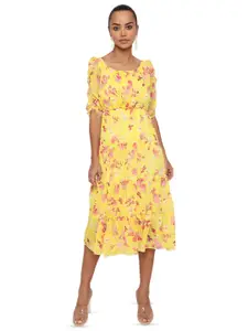 BAESD Floral Printed Puff Sleeves Gathered Tiered Georgette A-Line Midi Dress