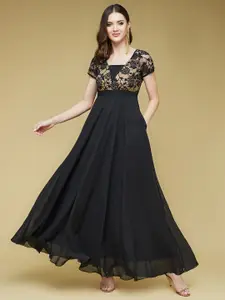 DressBerry Black Raglan Sleeves Lace Overlaid Georgette Maxi Fit & Flare Dress