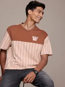 WROGN Striped V-Neck Drop-Shoulder Sleeves Pure Cotton Oversized T-shirt