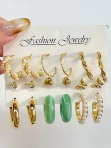 KARATCART Set Of 9 Gold-Plated Stone Studded Contemporary Hoop & Studs Earrings