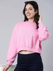 SHOWOFF Embellished Round Neck Long Sleeves Cotton Crop Pullover Sweatshirt
