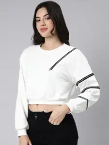 SHOWOFF Round Neck Long Sleeves Zip Detail Cotton Crop Pullover Sweatshirt