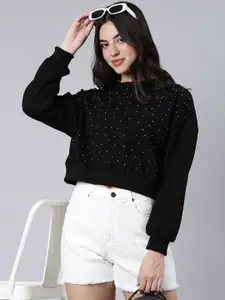 SHOWOFF Embellished Round Neck Long Sleeves Cotton Crop Pullover Sweatshirt