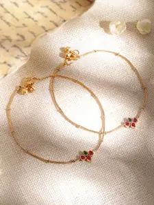 Rubans Set of 2 22K Gold-Plated Red & Green Kundan Studded Anklets with Gold Beads
