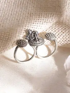 Rubans Silver Plated Beaded Textured Double Statement Finger Ring