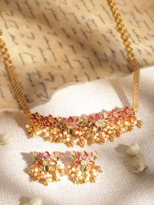 Rubans Gold-Plated Crystal Studded & Beaded Necklace And Earrings