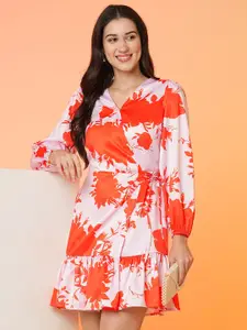 Globus Orange Floral Printed Satin Wrap Party Dress