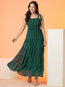 Globus Green Shoulder Straps Smocked Tiered Georgette Maxi Dress