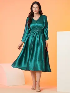 Globus Green V-Neck Smocked Satin Fit & Flare Midi Dress