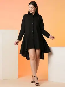 Globus Black Shirt Collar Cuffed Sleeves Cotton A-Line Dress