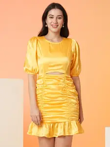 Globus Yellow Puff Sleeves Ruched Cut-Outs Satin Bodycon Party Dress