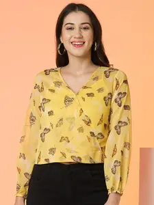 Globus Yellow Floral Printed V-Neck Georgette Wrap Top