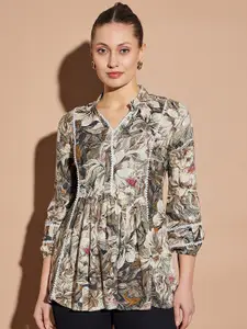 all about you Floral Print Mandarin Collar Puff Sleeves Opaque Casual Top