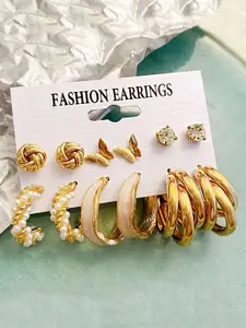 Bohey by KARATCART Gold Plated Set Of 6 Contemporary Studs & Hoop Earrings