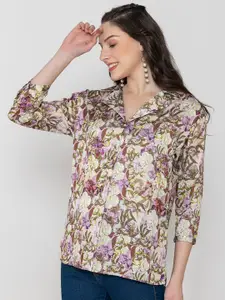 Lounge Dreams Floral Printed Lapel Collar Shirt Style Acrylic Top