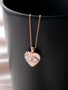 STERLYN Rose Gold-Plated CZ Studded Heart Shaped Evil Eye Pendant with Chain