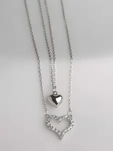 STERLYN Rhodium-Plated CZ Studded Dual Heart Necklace