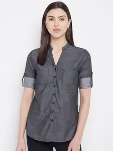 Ruhaans  Classic Mandarin Collar Roll-Up Sleeves Denim Casual Shirt