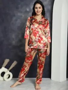 Claura Red Floral Printed Satin Night suit