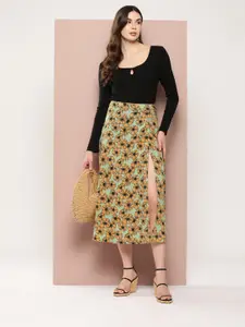 Qurvii Floral Print A-line Midi Skirt