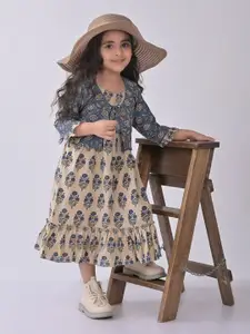 Sangria Girls Floral Printed Cotton A-Line Dress With Jacket