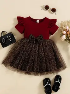 BAESD Girls Floral Puff Sleeves Net Fit & Flare Dress