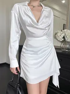 Stylecast X KPOP Shirt Collar Cuffed Sleeves Ruched Sheath Mini Dress