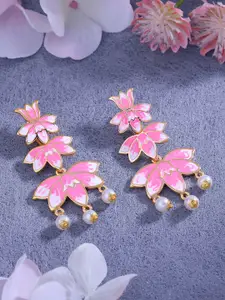 Estele Women Gold-Plated Pearl Studded Floral Drop Earrings