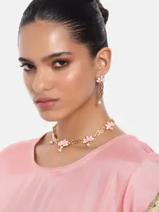 Estele Women Gold-Plated Pearl Studded Floral Necklace with Earrings