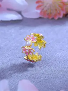 Estele Women Gold-Plated Enamelled Floral Design Adjustable Finger Ring