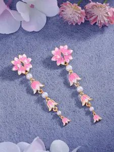 Estele Gold-Plated Floral Enamelled Pearls Drop Earrings