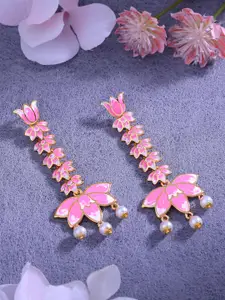 Estele Gold-Plated Floral Enamelled Pearls Drop Earrings