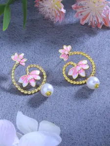 Estele Women Gold-Plated Pearl Studded Floral Drop Earrings