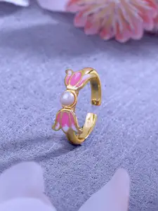 Estele Women Gold-Plated Enamelled Floral Design Adjustable Finger Ring