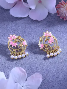Estele Women Gold-Plated Pearl Studded Floral Drop Earrings